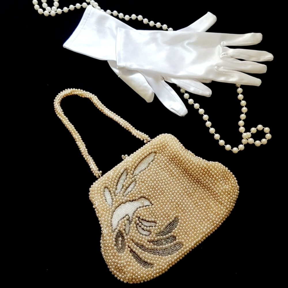 Vintage Du-Val Japan Beaded Purse Kiss Lock Ivory Wristlet Bag Bird Mid Century